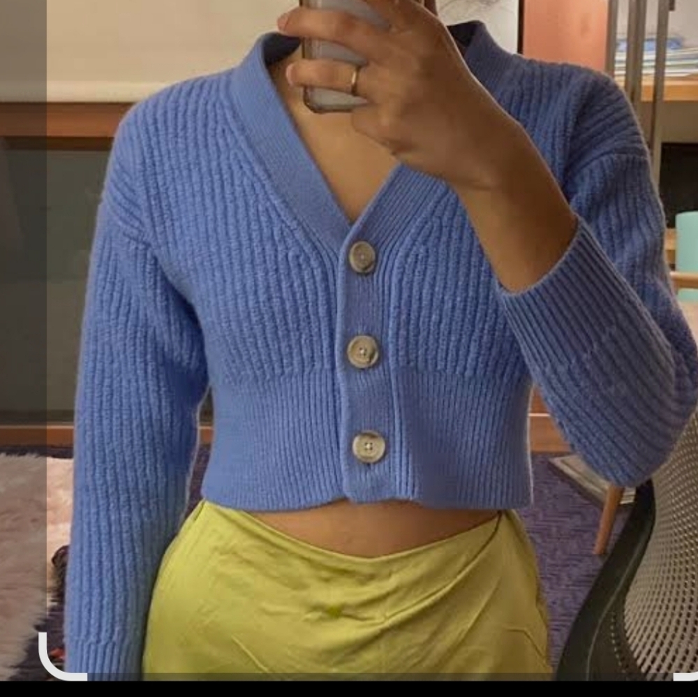 Babaton Blue Cropped Cardigan with 3  Buttons